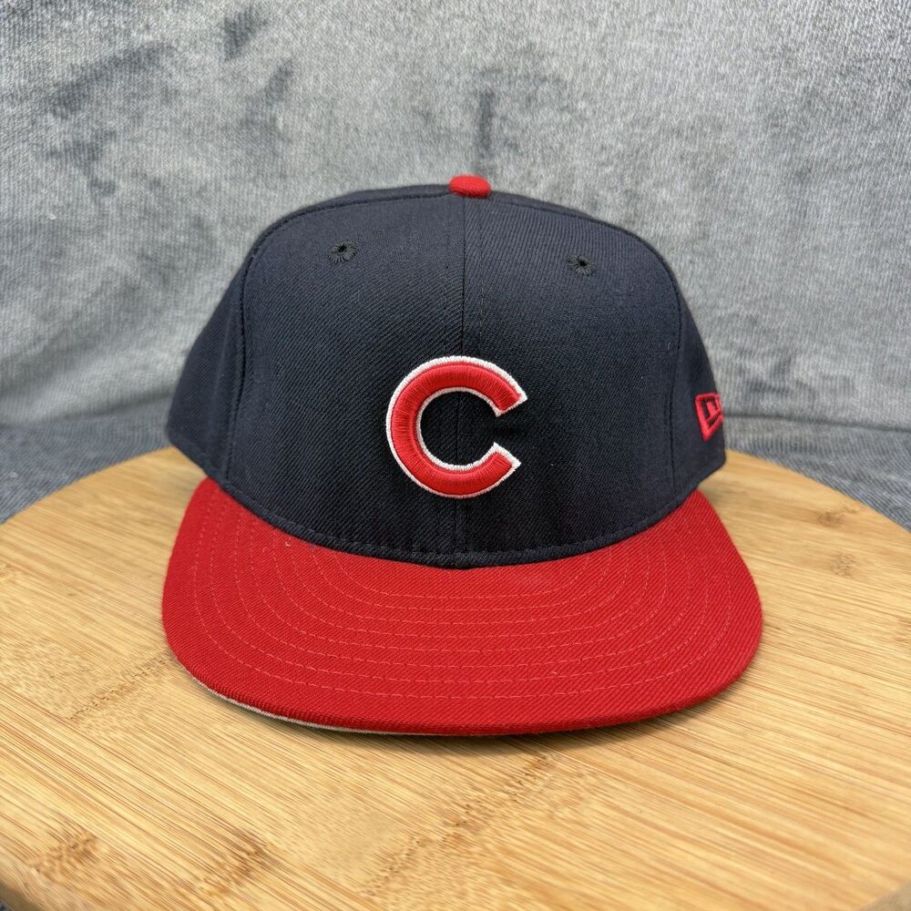 Chicago Cubs Hat Cap Fitted Mens 7 1/4 Blue Red MLB Wool New Era USA 90s Vtg